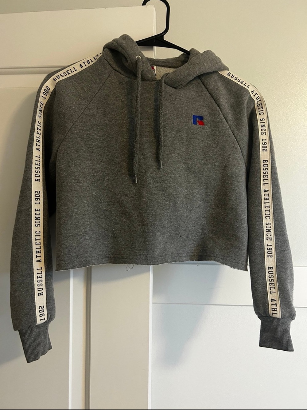 Russell Athletic Gray Cropped Hoodie with Logo Tape